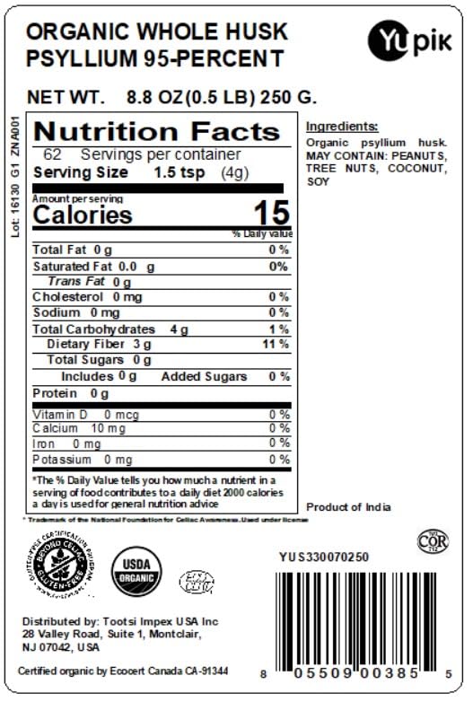 [Australia] - Yupik Organic Whole Husk Psyllium 95% Superfood, 8.8 Ounce, Non-GMO, Vegan, Gluten-Free 8.8 Ounce (Pack of 1) 