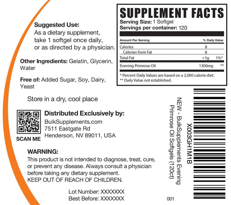 [Australia] - BulkSupplements.com Evening Primrose 1300mg Softgels - Omega 6 Supplement, Gamma Linoleic Acid Supplement - 1 Evening Primrose Softgels per Serving, 120 Softgels (Pack of 1) 120 Count (Pack of 1) 