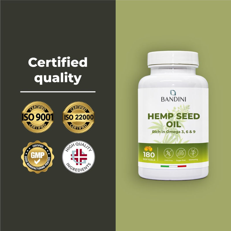 Bandini® Hemp Seed Oil 1000mg per Softgel | 180 Vegan Capsules | High Strength 100% Natural Cold Pressed Hemp Seed Oil | 6-Month Supply, 1 per Day | Rich in Omega 3, 6, 9 | ALA, Linoleic & Oleic Acid