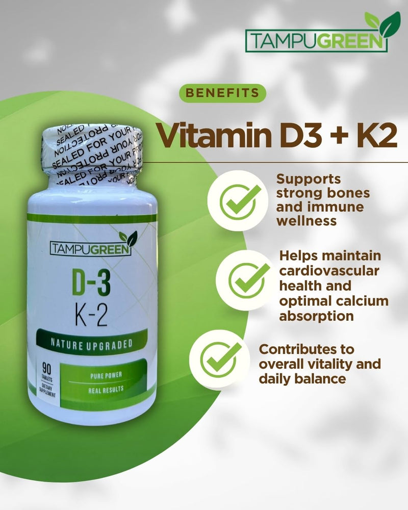 TAMPUGREEN® Vitamin D3 + K2 | Bone, Heart & Immune Support | High Potency 2000 IU D3 + 75 mcg K2 Supports Calcium Absorption | GMP | Made in USA | 90 Tablets