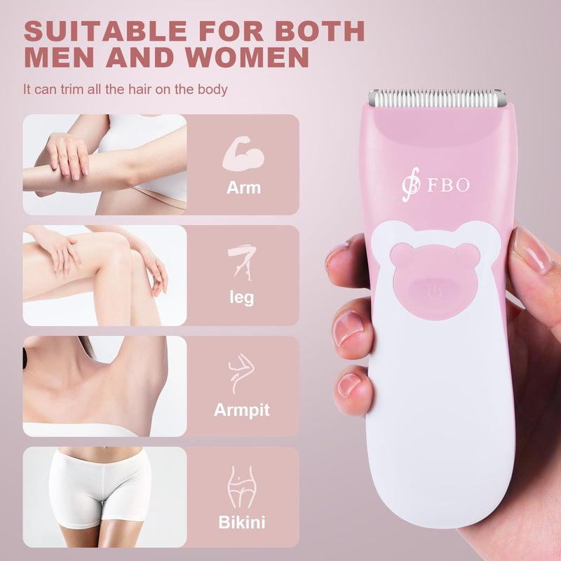 FBO Bikini Trimmer & Adult Painless Electric Shaver,Baby Hair Clippers Kit,Infant Kids Multipurpose Hair Trimmer-Quiet,Cordless,Waterproof,Rechargeable,Sharp Durable,with Ceramic Blades,Pink Pink