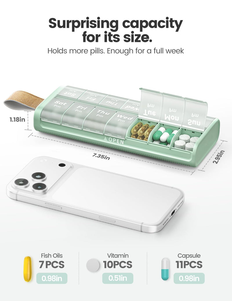 Pill Organizer 2 Times a Day, Built-in Desiccant | 7 Day AM PM Weekly Pill Box, Easy-Open, Portable Carry Handle, BPA-Free, Matte Privacy Case for Supplements and Vitamins A1-green 14 compartments