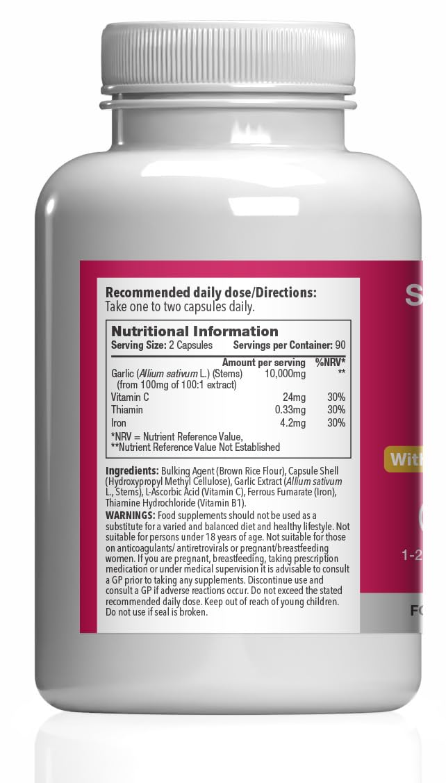 High-Strength Garlic Capsules | Supports Heart, Normal Blood Circulation & Immune Health | with Vitamin C, Iron & Thiamine | Vegan Friendly | 180 Capsules = 3 Months’ Supply | UK Made Unflavoured 180 count (Pack of 1)