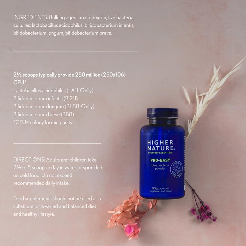 Higher Nature - Pro-Easy - Multi-Strain Live Bacteria Powder - Probiotics for Gut Health - Suitable for The Whole Family - 90g Powder