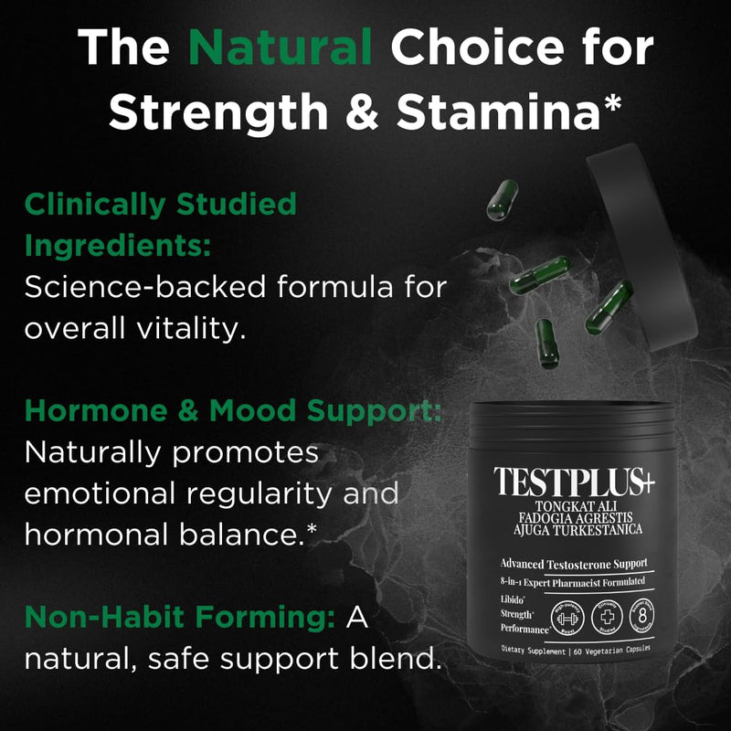 [Australia] - TESTPLUS+ 8-in-1 Testosterone Supplement for Men, 10X Strength Testosterone Booster, Libido Booster & Muscle Builder for Men, Tongkat Ali, Fadogia Agrestis, Turkestanica, Ashwagandha, Tribulus 