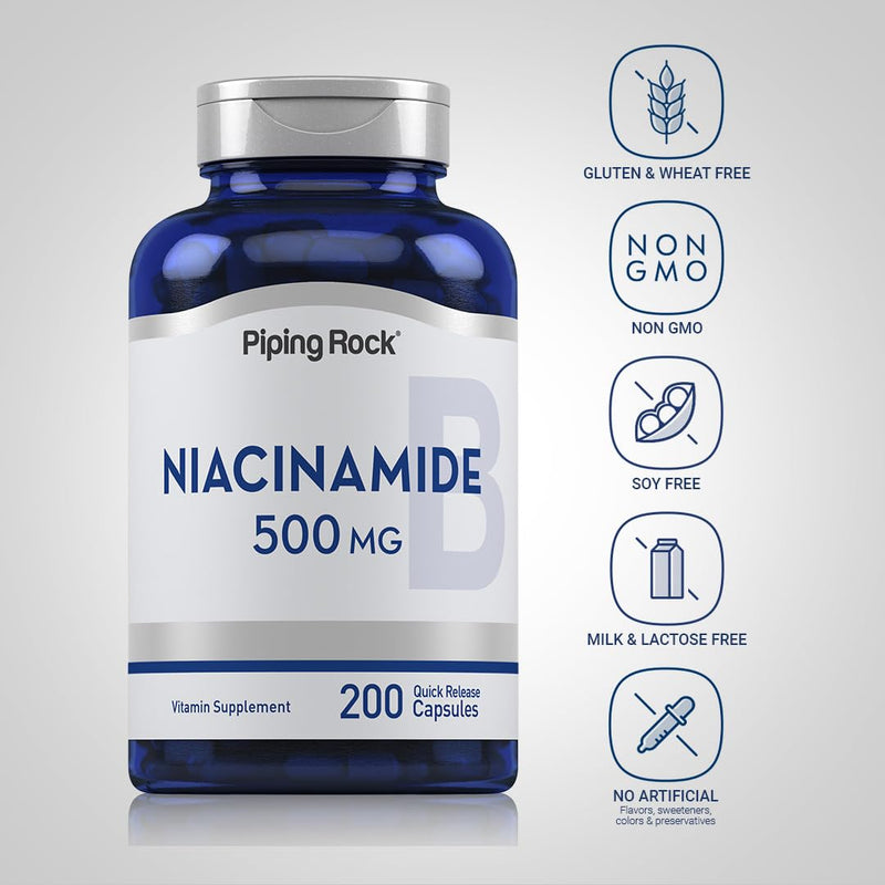 Piping Rock Niacinamide 500mg | 200 Capsules | Vitamin B3 | Non-GMO, Gluten Free Supplement