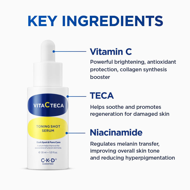 CKD Vita C TECA Toning Shot Serum – Vitamin C & TECA Face Serum for Brighter-Looking Skin, Hydrating Facial Serum for Radiant Complexion, Korean Skincare, 1.01 fl oz 1.01 Fl Oz (Pack of 1)