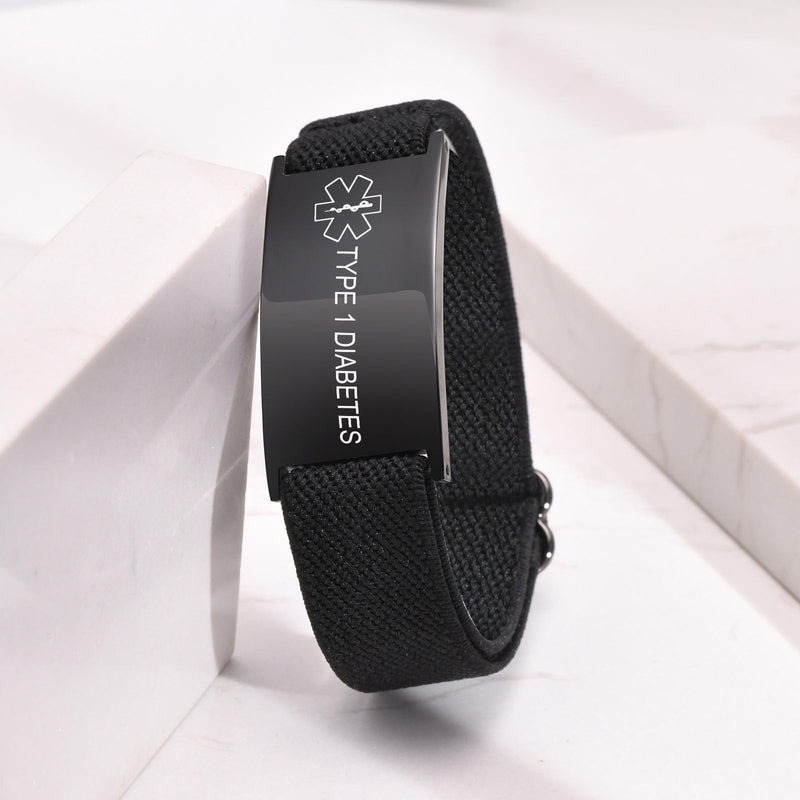 [Australia] - Personalized Medical Alert Bracelet for Men - Customized Elastic Strap Stainless Steel ID Bracelets Engraved Medic Info, Emergency Awareness Medic ID Bracelet for Autism Allergy Diabetic Epilepsy TYPE 1 DIABETES-black 