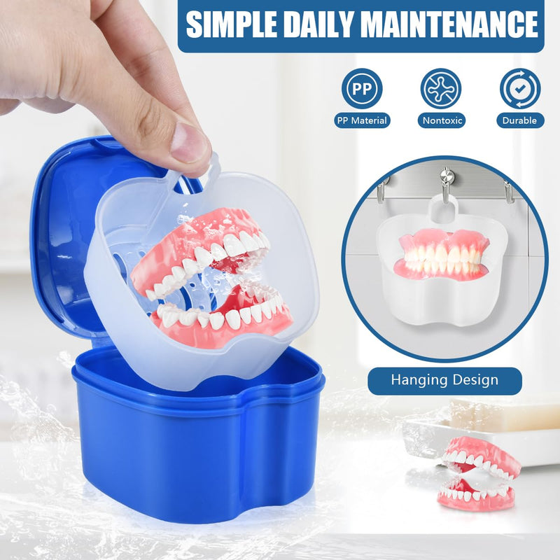 3 Pack Colors Denture Bath Case Cup Box Holder Storage Soak Container with Strainer Basket for Travel Cleaning (White, Blue, Light Blue) White, Blue, Light Blue