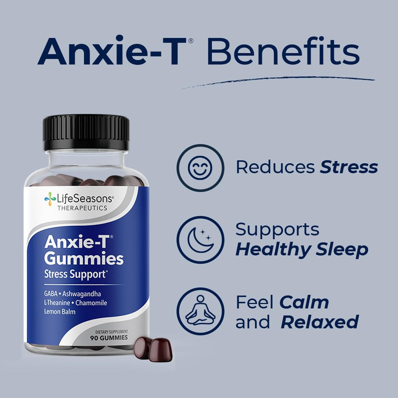 [Australia] - Anxie-T - Stress Relief Gummy - Vitamin Supplement for Mood & Mental Focus Support - Feel Calm and Relaxed - Rapidly Eases Tension - Ashwagandha, GABA & L-Theanine - 90 Gummies 90 Count (Pack of 1) 