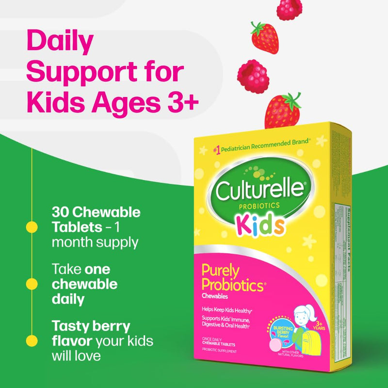 Culturelle Daily Chewable Probiotics for Kids Ages 3+, Berry Flavor, 30 Ct | From the #1 Pediatrician Recommended Brand± Promotes Digestive Gut Health, Oral Care & Immune Support* 5B CFUs, Gluten Free 30 Count (Pack of 1)