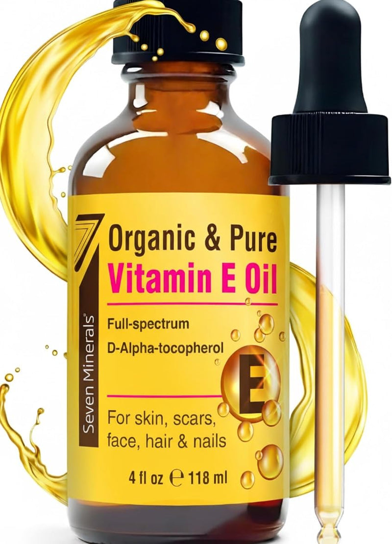 Seven Minerals Ultra Pure Vitamin E Oil for Skin, Face, Hair and Scars 4 Oz | Full-Spectrum D-Alpha Tocopherol from Organic Sunflower Seeds - Naturally Occurring = Not Synthetic 4 Fl Oz (Pack of 1)