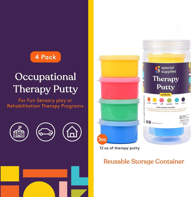 [Australia] - Special Supplies Therapy Putty for Kids and Adults - Resistive Hand Exercise Stress Relief Therapy Putty Kit, Set of 4 Strengths, Three ounces of each putty 