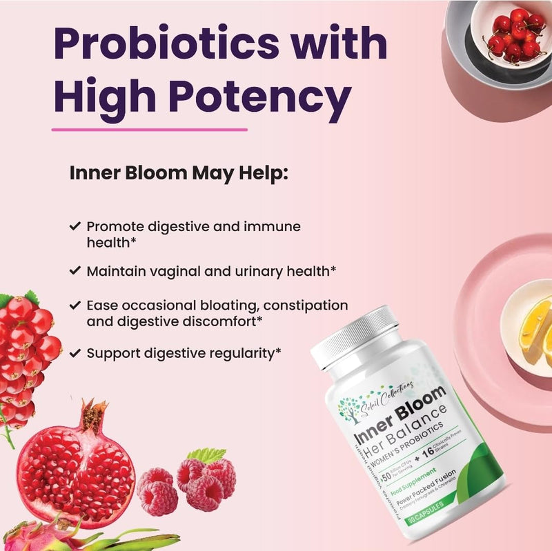 Inner Bloom Probiotics for Women | 50 Billion CFU + 15,000mg Cranberry, Fenugreek & Chlorella | Supports Intimate & Gut Health | Bio Cultures | 90 Count
