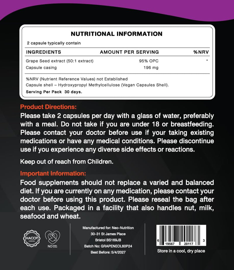 Organic Grapeseed Extract 25,000mg - High Strength 50:1 Extract - 60 Vegan Capsules - Resealable and Recyclable Pouch Neo Nutrition