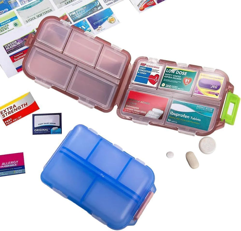 Pill Organizer with 161 Medicine Labels, Daily Travel Pill Case (Purple) | Compact 10-compartment pill case and pill box with 161 medicine labels for 7-day planning, vitamins, supplements, and travel Purple Standard