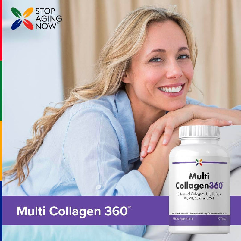 Stop Aging Now - Multi Collagen Peptides Pills - Type I, II, III, IV, V, VII, VIII, X, XIII, XXII - 10 Types of Collagen - 90 Count