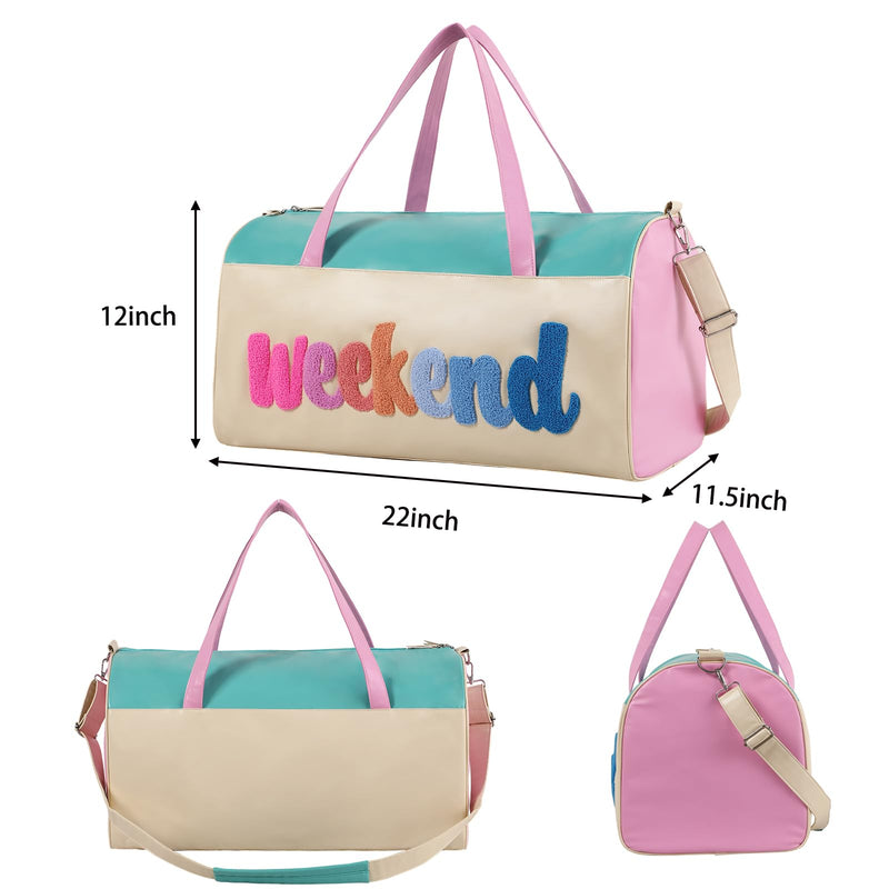 DYSHAYEN Travel Duffle Bag for Women, Weekend | Pu Leather, Chenille Letter Embroidery, Large Weekender Overnight Bag