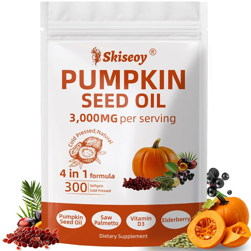 [Australia] - Pumpkin Seed Oil with Saw Palmetto, 300 Softgels | 4 in 1 Vitamin D3 & Elderberry, 3000mg Cold Pressed & Pure Virgin Oil | Supports Hair, Urinary, Bladder & Prostate Health, Immune | Vegan, Non-GMO 