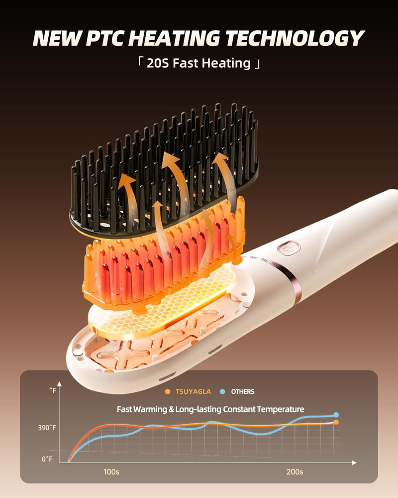 Hair Straightener Brush, Portable Ionic Hair Straighteners for Women 20s Fast Heated Negative, Dense Teeth Straightening Comb with 3 Temp Modes & 30 min Auto-Off, Dual Voltage