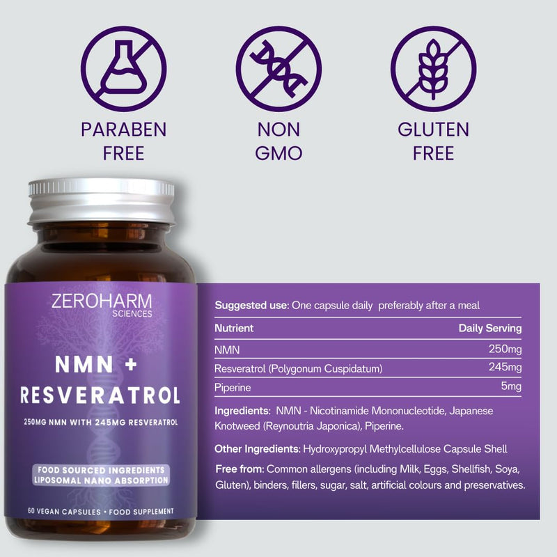 ZeroHarm NMN with Resveratrol – Liposomal Absorption – Powered by Real Food Ingredients – 60 Vegan Capsules