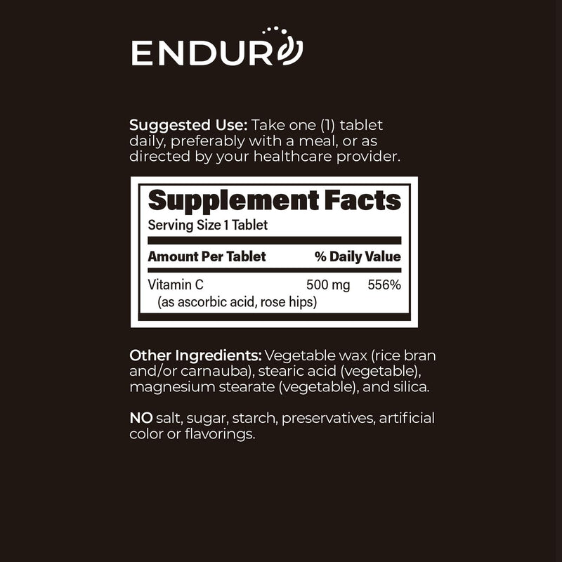 ENDUR-C® Sustained Release Vitamin C 500mg with Rose Hips, 200 Tablets | Immune support, Antioxidant, Collagen formation, Rose hips, Gentle digestion, cGMP & UL-Certified, USA made 200 Count (Pack of 1)