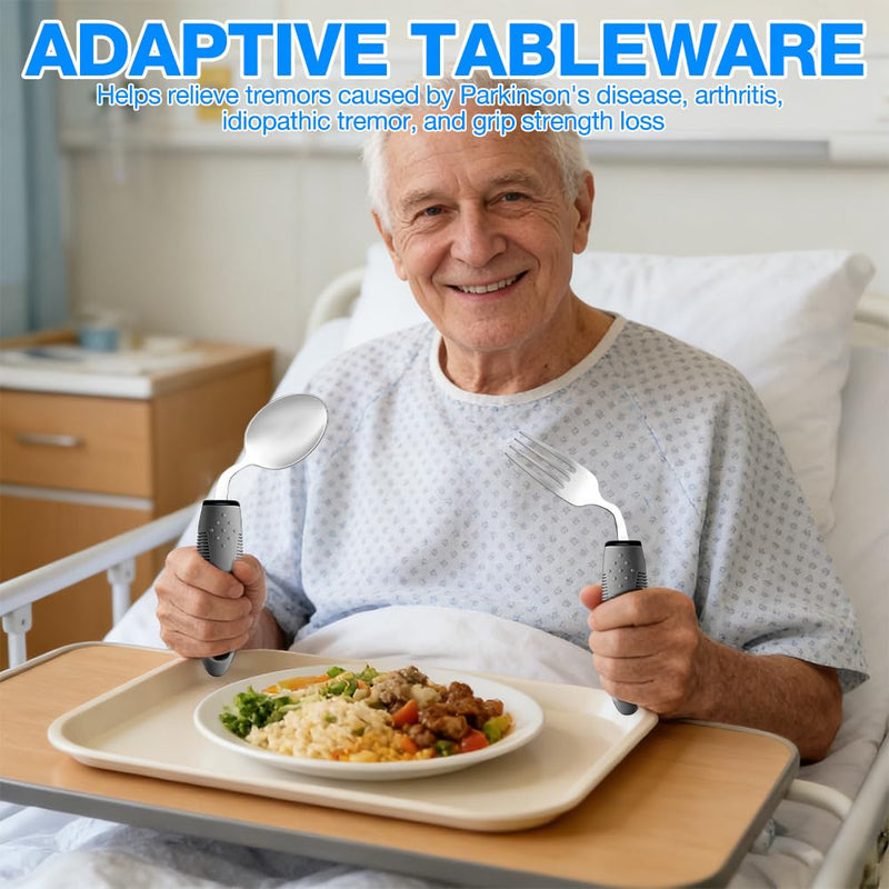 Adaptive Utensils Set, 4PCS Cutlery for Arthritic Hands with Fixing Strap, 42° Angled, 3oz Weighted, Arthritis Aids Bendable Cutlery Easy-Grip Ergonomic for Disabled Hands, Parkinson, Arthritis