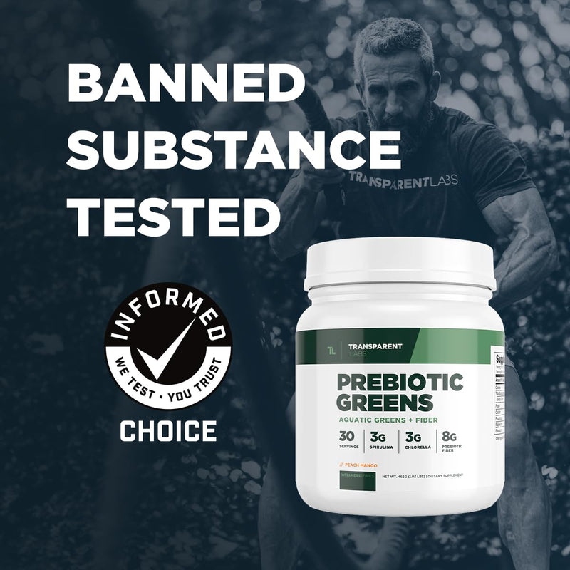 [Australia] - Transparent Labs Prebiotic Greens - Greens Superfood Powder & Antioxidants Supplement with Organic Spirulina, Organic Chloerra, Organic Acacia Powder, & Green Banana Powder - 30 Servings, Peach Mango 