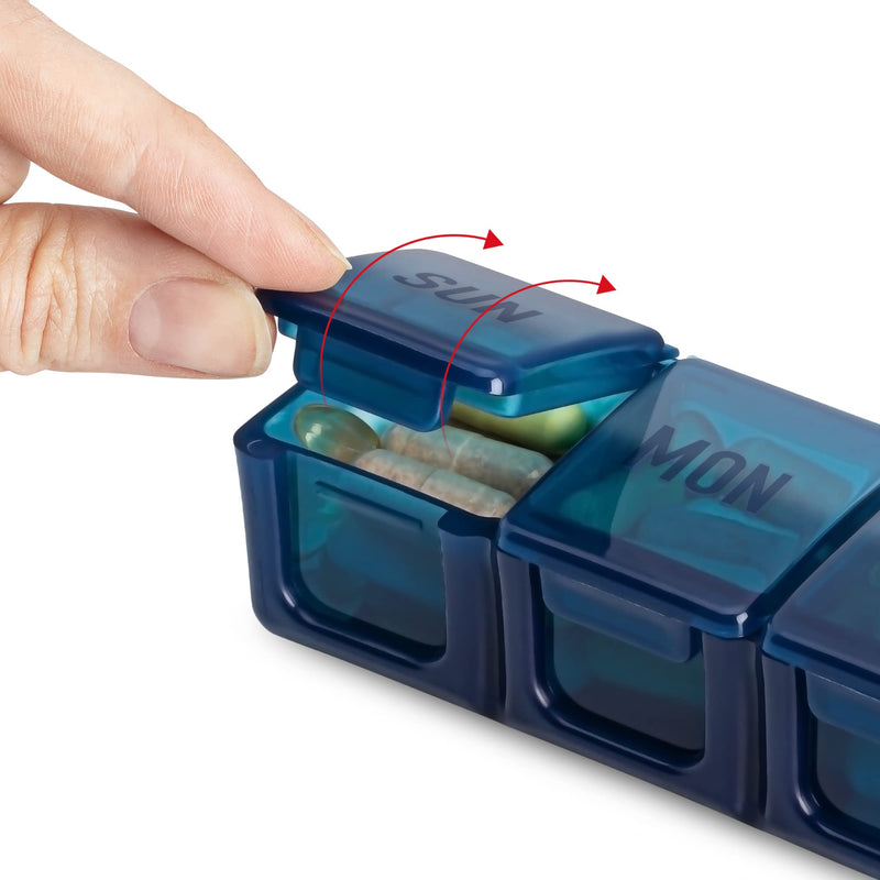 Hydra Cup [4 Pack] Weekly Pill Organizer & Vitamin Planner, Extra Large Mobile Medicine Box Value Pack, Unique Colors for Daily or Monthly Use, 7 Compartments.