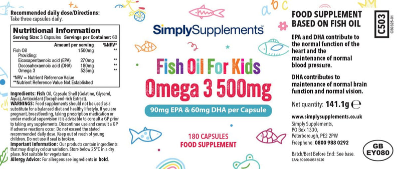 High Strength & Pure Omega 3 500mg for Kids | for Ages 4-15 Years | 360 Capsules in Total | Manufactured in The UK Unflavoured 180 count (Pack of 2)