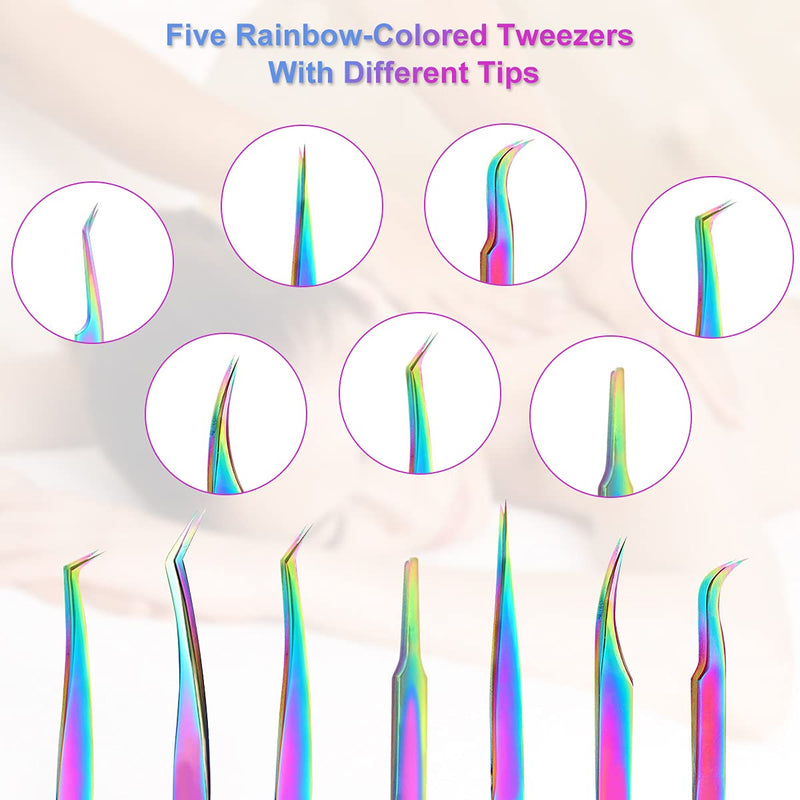 Eyelash Extension Tweezers Set, Fangze 7 Pcs Lash Kit Rainbow Stainless Steel Straight and Curved Tweezer for Nail Art Ingrown Hair Craft Eyelash Extension Tweezers