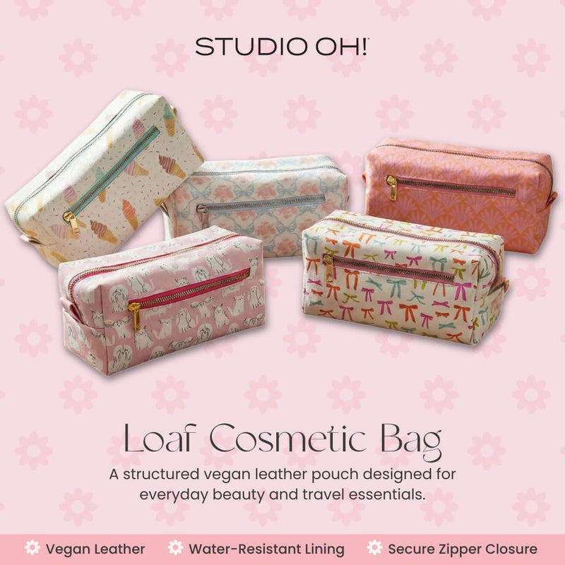 Studio Oh! Loaf Cosmetic Pouch - Makeup Organizer for Travel Size Toiletries - Metal Zippered Pouch Closes Securely - Water Resistant Vegan Leather - Put a Bow On It Loaf