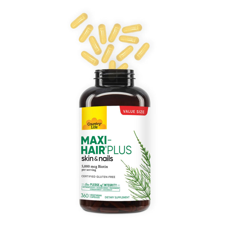 Country Life Maxi-Hair Plus 5000 mcg Biotin, 360 Vegetarian Capsules | With MSM, amino acids, vitamins and minerals for healthy hair, skin and nails; 90 servings