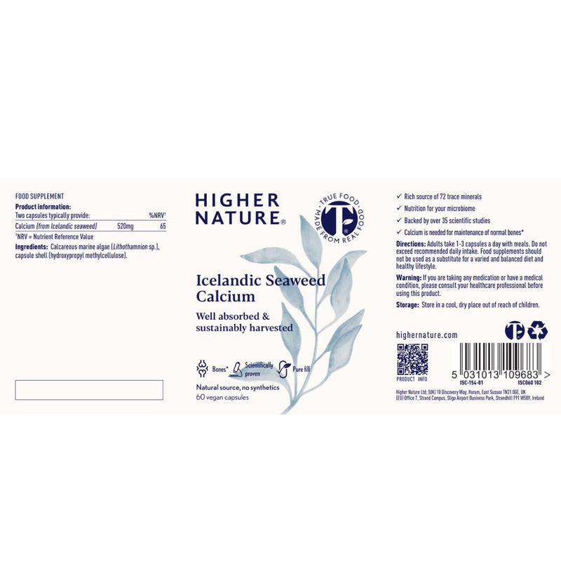 Higher Nature Icelandic Seaweed Calcium - True Food® - 260mg Natural Source - Clinically Proven Calcium Supplement, Dairy Free - Supports Bones, Teeth & Digestive Enzyme Function - 60 Capsules