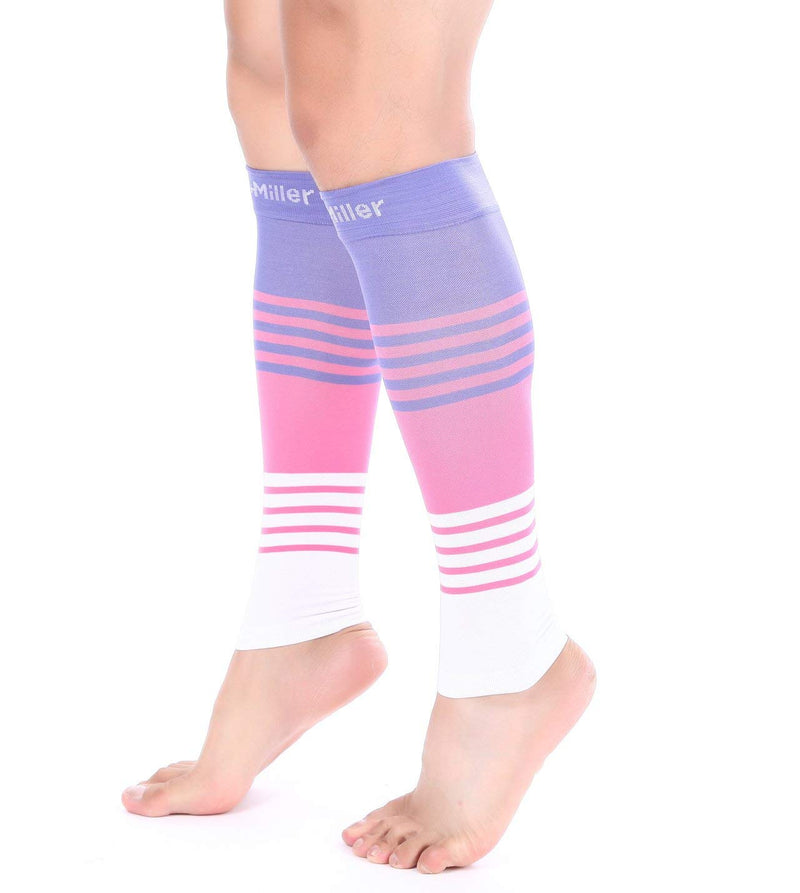 Doc Miller Compression Calf Sleeve for Men & Women, 20-30 mmHg Graduated Support, Knee High, Running, Shin Support, Calf Sleeves, Striped Design, 1 Pair X-Large Pink.Violet.White