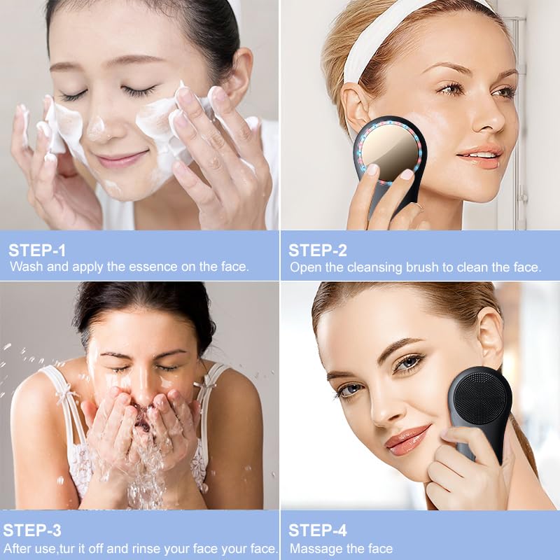 Rechargeable Silicone Electric Face Scrubber – Vibrating Facial Cleansing Brush for Deep Cleansing & Exfoliation, Waterproof, Gentle on Skin, for Men & Women Black