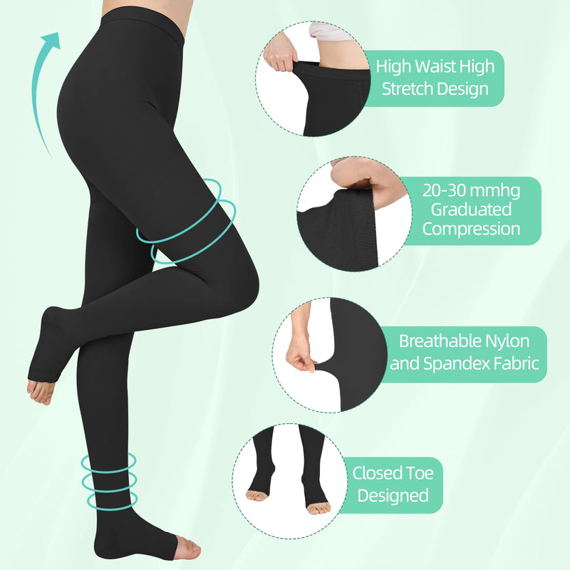 [Australia] - 20 - 30mmHg Compression Pantyhose,1 Pair or 2 Pairs Comfortable Compression Leggings,Open Toe Design,Medical Waist High Compression Stockings for Edema, Varicose Veins, Swelling, Pregnant,Nurses, Athletes(Open Toe) XX-Large 2/Black*Beige 