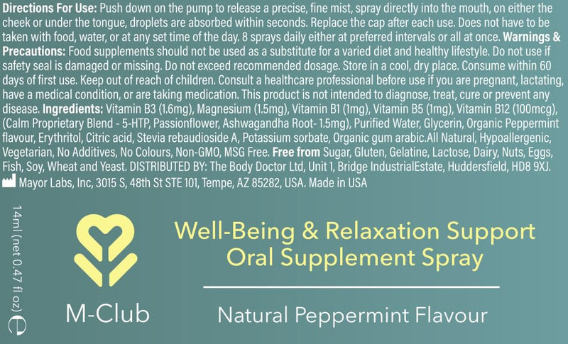 Wellbeing & Relaxation Oral Supplement Spray 14ml – Fast-Absorbing B Vitamins & Magnesium, Menopause, Energy & Mood – Vegan, Non-GMO, No Additives, Peppermint Flavour - 30-Day Supply