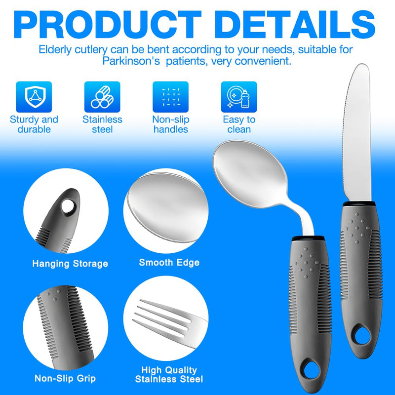 Adaptive Utensils Set, 4PCS Cutlery for Arthritic Hands with Fixing Strap, 42° Angled, 3oz Weighted, Arthritis Aids Bendable Cutlery Easy-Grip Ergonomic for Disabled Hands, Parkinson, Arthritis