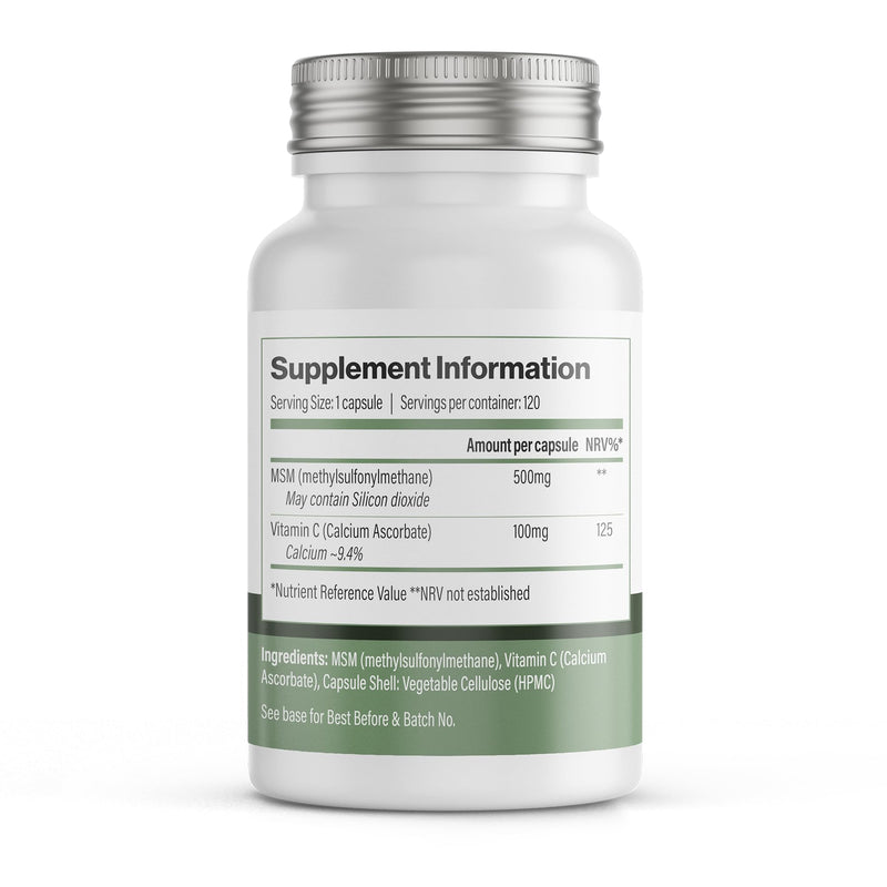 MSM & Vitamin C 600mg – Joint Support & Collagen Booster – 120 Vegan Capsules – UK Made – Vitadefence