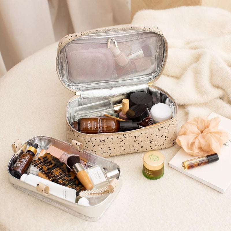 Beauty Poche - Cosmetic Bag & Makeup Organizer for Travel, Three-Tiered, Linen/Cotton Exterior, Removable Tray, Machine Washable - Ink Splatter