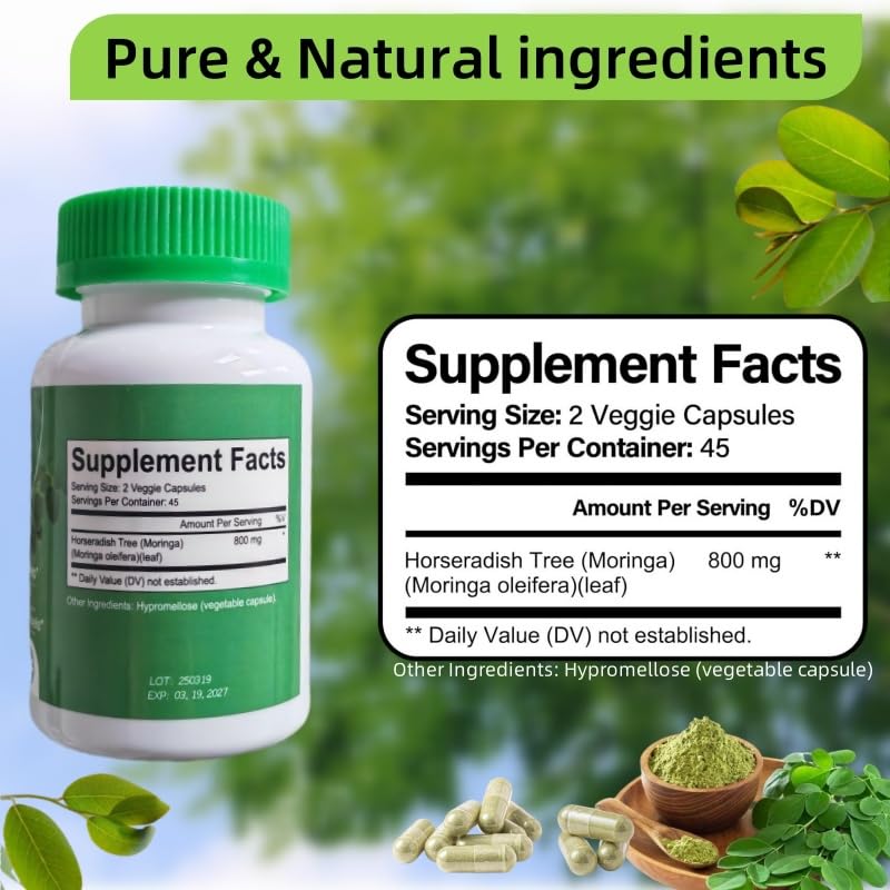 2 PCS Moringa Capsules,90 Capsules 800mg Non-GMO and Gluten Free,Moringa Powder Capsules Supplement Supports Energy, Joint & Immunity & Gut Health