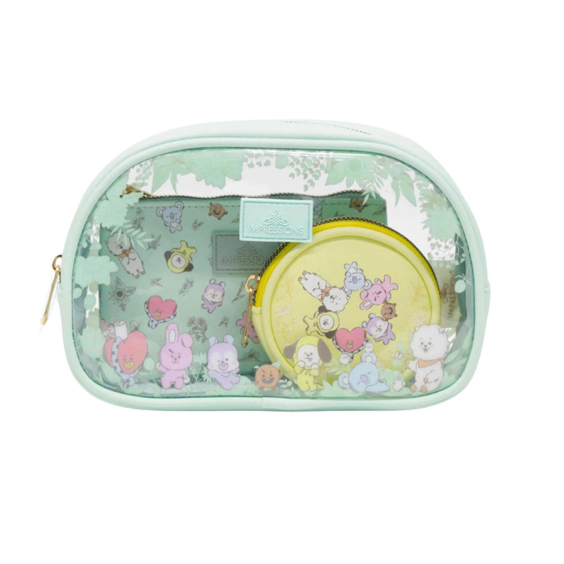 Impressions Vanity BT21 2-Bundle Set: 3 PC Makeup Bag Set with Large, Medium and Small Pouches and 7 PC BT21 Makeup Brush Set with Natural Garden Design Handles