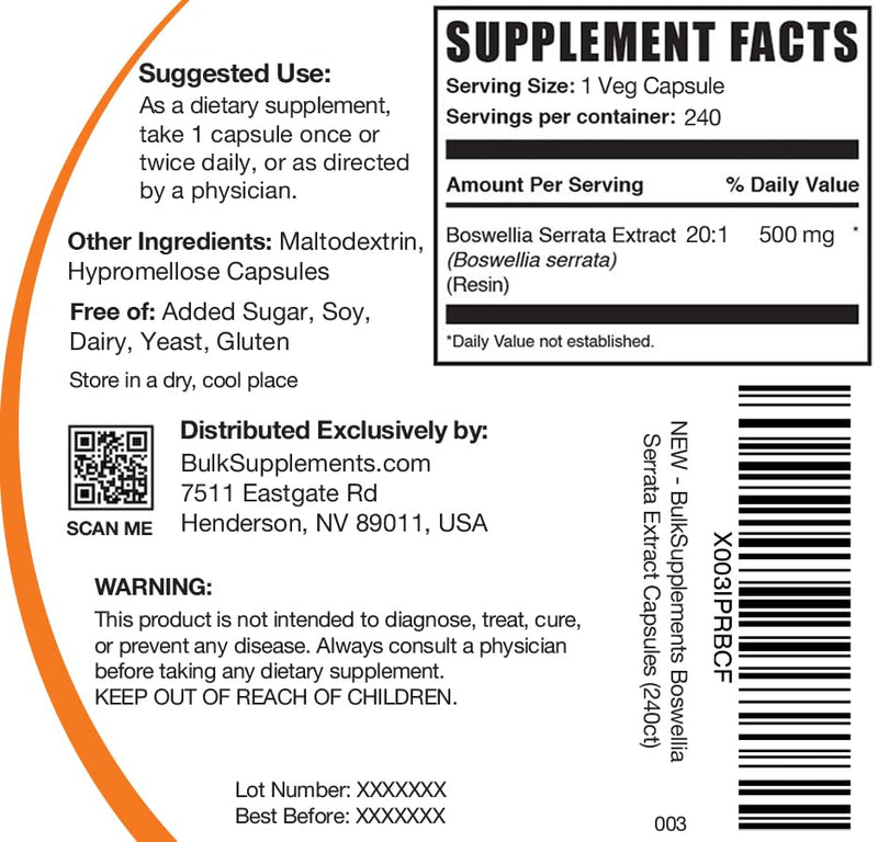 [Australia] - BulkSupplements.com Boswellia Serrata Extract Capsules - Boswellia Serrata Capsules - Boswellia Serrata Supplement, Gluten Free, 1 Capsule per Serving, 240 Veg Capsules (Pack of 1) 