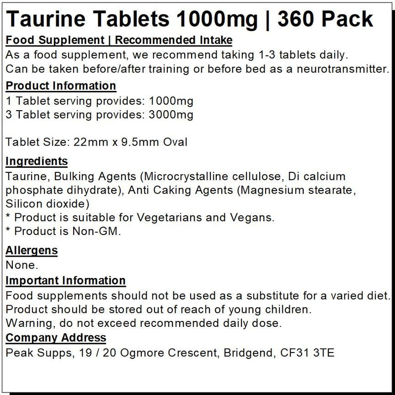 Taurine Tablets 1000mg (360 Tablets) 360 count (Pack of 1)