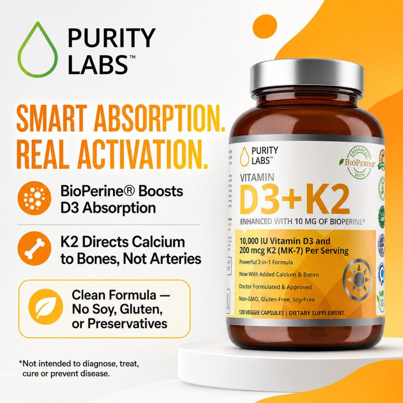Purity Labs Vitamin D3 K2 10000 IU, (250mcg) D3 + 200mcg K2 MK7 - Immune Support Supplement Enhanced with Bioperine - Supplements for Daily Defense, Bone, Muscle & Skin Health - 120 Capsules