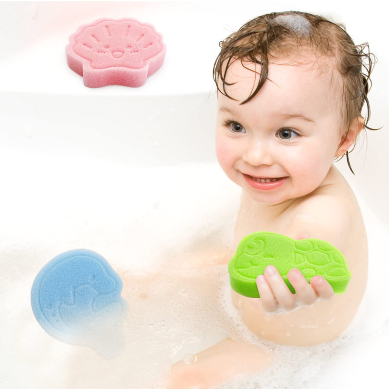 [Australia] - Baby Bath Sponge, Natural Cute Shapes Soft Shower Sponges for Bathing, Bathtub Foam for Infants and Toddler, 3pcs : Blue Dolphin, Pink Shell, Green Turtle 