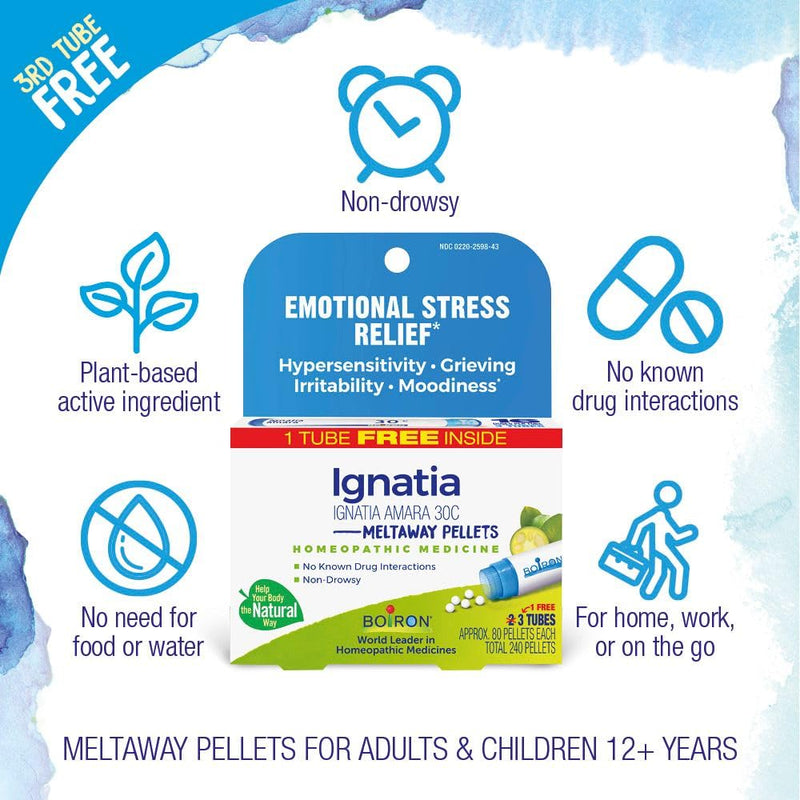 Boiron Ignatia Amara 30C Homeopathic Medicine for Relief from Emotional Stress, Hypersensitivity, Irritability, and Moodiness - (240 Pellets), (Pack of 6) 80 Count (Pack of 6)