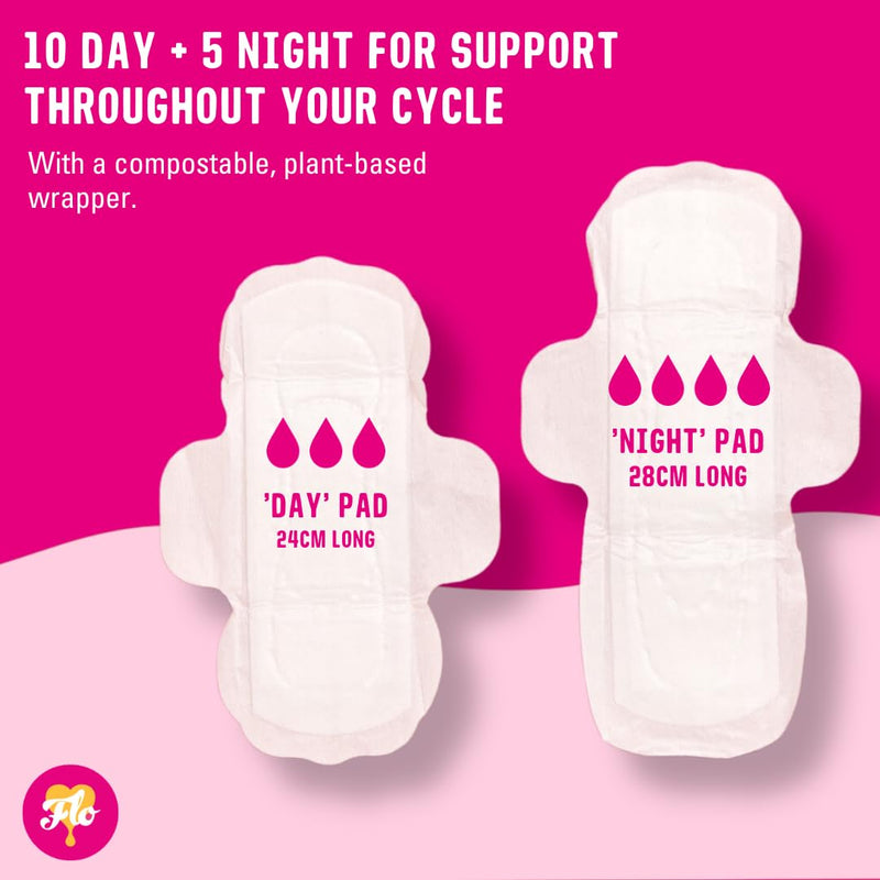 [Australia] - FLO - Organic Bamboo Pads, Day & Night Combo Pack, Feminine Care, Organic Menstrual Products, Plant-Based, Black-Owned, Absorbent Pads, Unscented, Breathable, Sanitary Napkins for Women,15-Count 15 Count Day + Night 