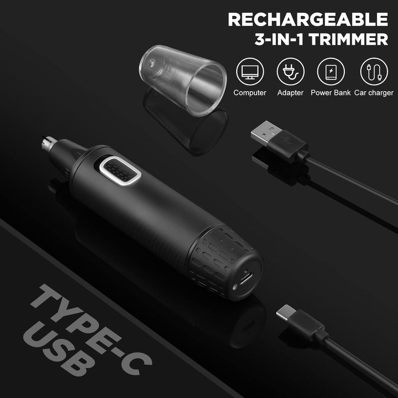 [Australia] - Men's Nose Hair Trimmer, 4 in 1 Rechargeable Nose Hair Trimmer and Ear Hair Trimmer for Men and Women with USB Type-C Cable, IPX7 Waterproof, Dual Blades, Easy Cleaning, Black 